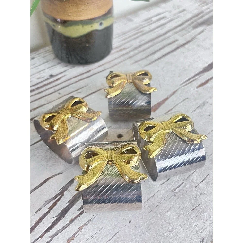 Vintage Oval Shaped Silver Plated Napkin Rings With Gold Bows Set Of 4 / Dining